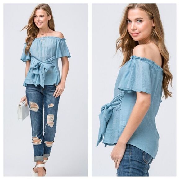 Bow Tie Front Off the Shoulder Dusty Blue Blouse - Picture 2 of 3